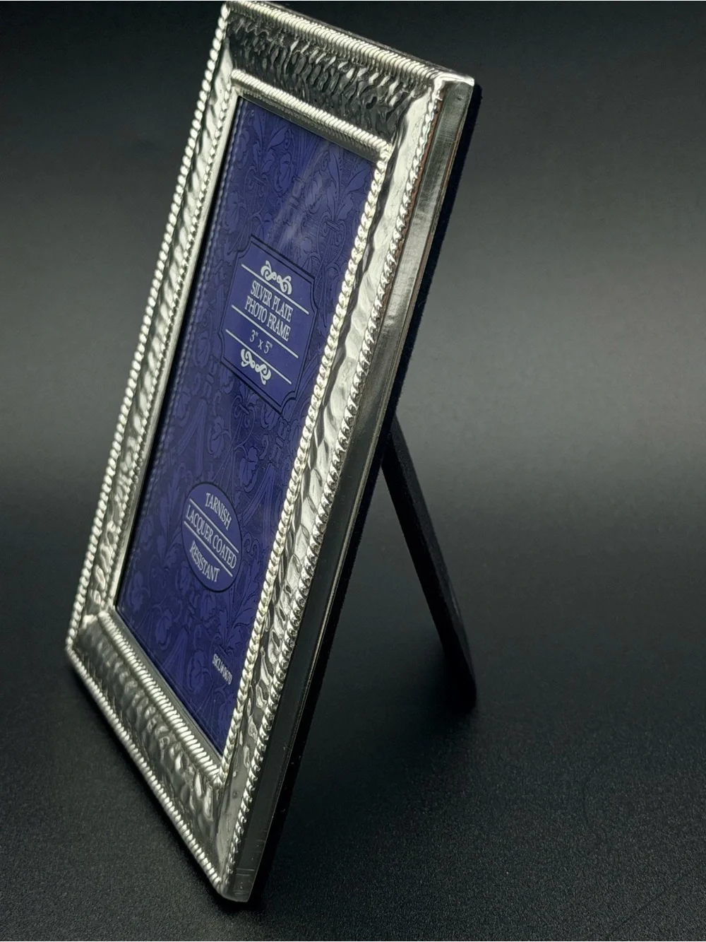 NIB Silver Plated 3x5 Photo Frame Hammered Metal Rope Trim Elegant Tabletop